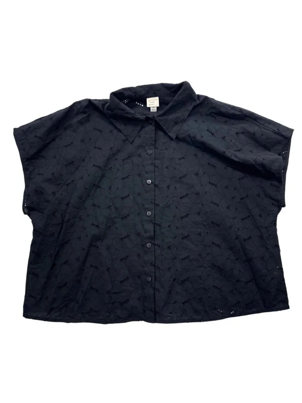 A New Day Women's XXL Black Eyelet Blouse Short Sleeve Button Up Cotton Feminine
